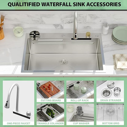 33 Inch Waterfall Kitchen Sink - Beslend 33x22 Drop In Waterfall Sink Workstation Smart Sinks 16 Gauge Stainless Steel Single Bowl Single Basin with Faucet Combo