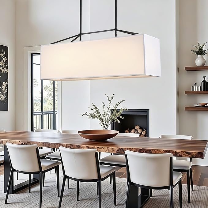 Dining Room Light Fixture Black Chandelier for Entryway 7-Light Large Linear Rectangle Island Lighting White Fabric Kitchen Pendant Light for Kitchen Bedroom Foyer Living Room