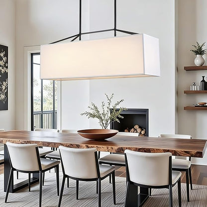 Dining Room Light Fixture Black Chandelier for Entryway 7-Light Large Linear Rectangle Island Lighting White Fabric Kitchen Pendant Light for Kitchen Bedroom Foyer Living Room