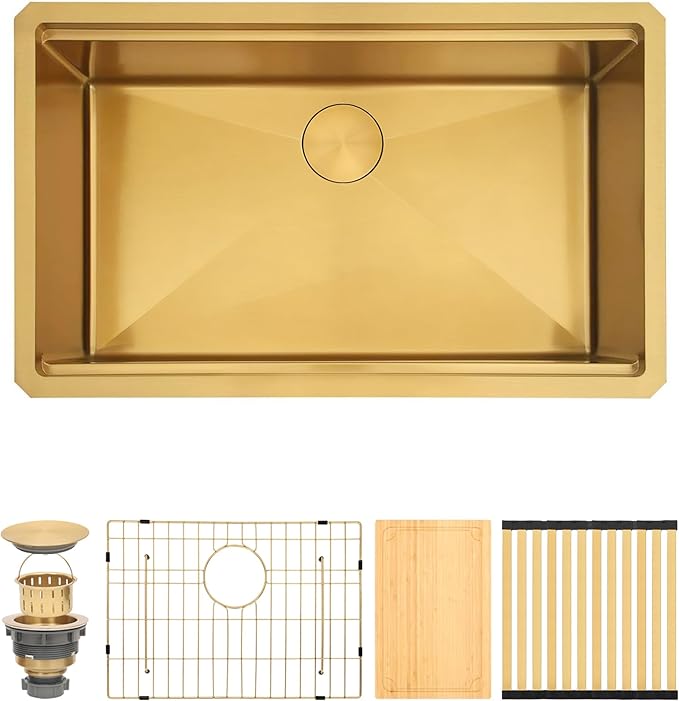 Gold Undermount Kitchen Sink 28 x 18 Inch, 16 Gauge SUS304 Stainless Steel All In One Workstation Sinks with Ledge & Accessories, 28" x 18" x 10" Handmade Single Bowl Gold Kitchen Sink