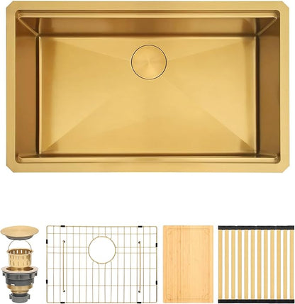 Gold Undermount Kitchen Sink 28 x 18 Inch, 16 Gauge SUS304 Stainless Steel All In One Workstation Sinks with Ledge & Accessories, 28" x 18" x 10" Handmade Single Bowl Gold Kitchen Sink