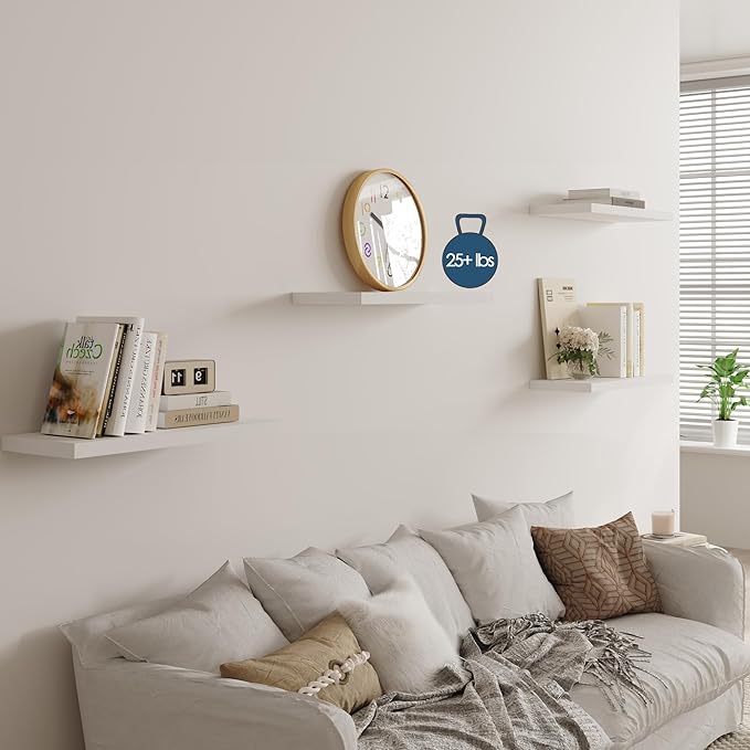 Wall Shelf Set of 1, White Floating Shelves 24 in W x 10 in D x 1 in H, Wooden Floating Wall Shelf with Invisible Brackets for Living Room/Bedroom/Bathroom/Kitchen Storage and Decor