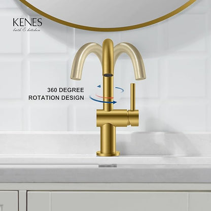 KENES Brushed Gold Single Handle Bathroom Faucets Modern Prep Wet Bar Sink Faucets Bathroom Sink Faucet with Drain Assembly & Deck Plate, Farmhouse RV Camper Outdoor Utility Faucet, KE-9005B-4