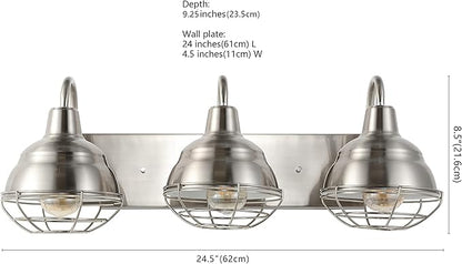 JONATHAN Y 24.5" Nickel 3-Light Industrial Farmhouse Vanity Light for Bathroom Mirror, Rustic Metal Wall Sconce Fixture, Iron Caged Shade, LED Bulbs Included (JYL1120B)
