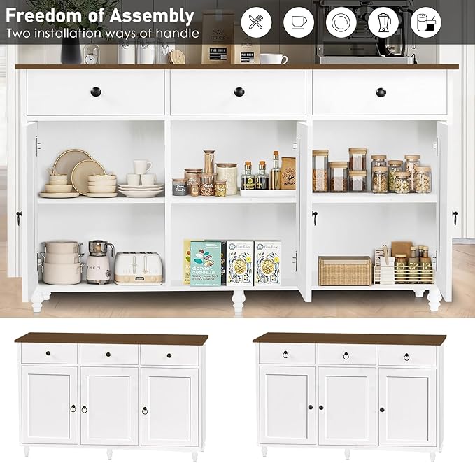 4 EVER WINNER Sideboard Buffet Cabinet with Storage, 47" Kitchen Sideboard with 3 Drawers and 3 Doors, Buffet Table for Kitchen, Modern Dining Room Cabinet, White