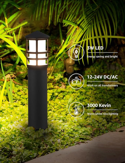 SUNVIE 4-Pack Low Voltage Pathway Lights 3W 3000K 12-24V LED Landscape Bollard Path Lights with Connectors CRI 90+ Aluminum Outdoor Landscape Lighting for Walkway Yard Garden, ETL Listed Cord