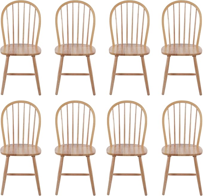 chairus Farmhouse Natural Dining Chairs Set of 8, Windsor Wooden Dining Room Chairs with Spindle Bow Back, Modern Cottage Armless Side Kitchen Chairs