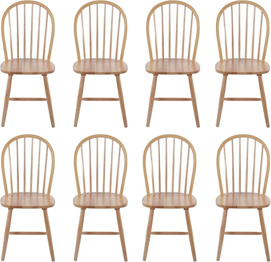chairus Farmhouse Natural Dining Chairs Set of 8, Windsor Wooden Dining Room Chairs with Spindle Bow Back, Modern Cottage Armless Side Kitchen Chairs