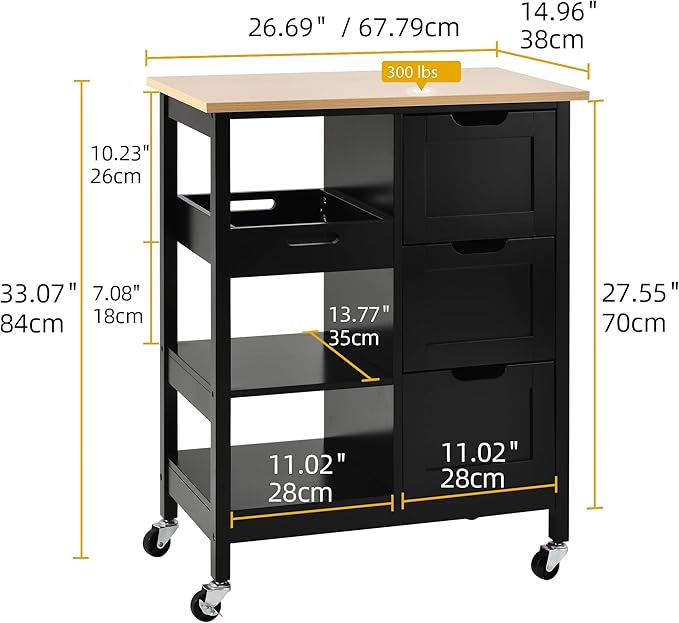 DWVO Solid Wood Top Rolling Kitchen Island Cart, 3 Tier Mobile Kitchen Storage Island Cart with 3 Drawers and 3 Opening Storage Shelves for Kitchen & Dining Area, Black