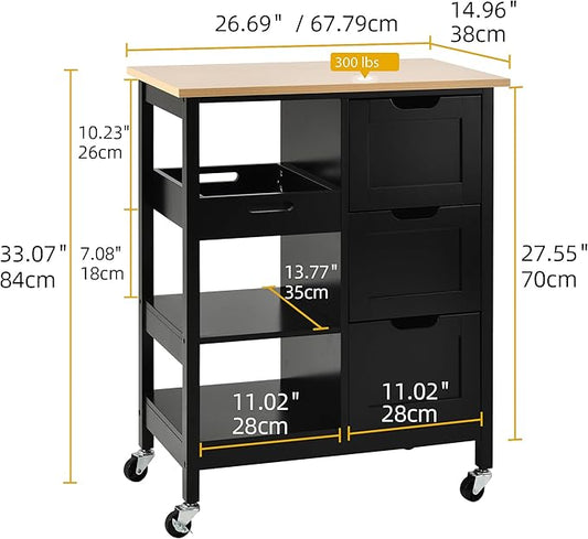 DWVO Solid Wood Top Rolling Kitchen Island Cart, 3 Tier Mobile Kitchen Storage Island Cart with 3 Drawers and 3 Opening Storage Shelves for Kitchen & Dining Area, Black