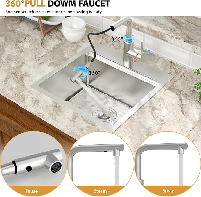 Mocoloo 18 Inch Bar Sink with Faucet, 16 Gauge Drop in Workstation Sink - 18x18x9" Stainless Steel Single Bowl Small Rv Kitchen Sink with Pull-Out Faucet
