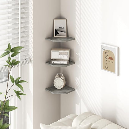 Fun Memories Corner Shelf Wall Mount, Floating Corner Shelves, Set of 6 Corner Wall Shelf Organizer, Rustic Wood Wall Storage Display Shelves for Living Room Bedroom Bathroom Kitchen, Rustic Grey
