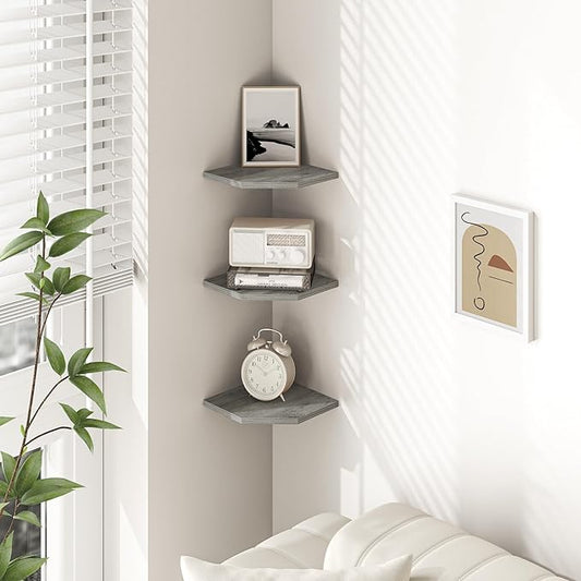 Fun Memories Corner Shelf Wall Mount, Floating Corner Shelves, Set of 6 Corner Wall Shelf Organizer, Rustic Wood Wall Storage Display Shelves for Living Room Bedroom Bathroom Kitchen, Rustic Grey