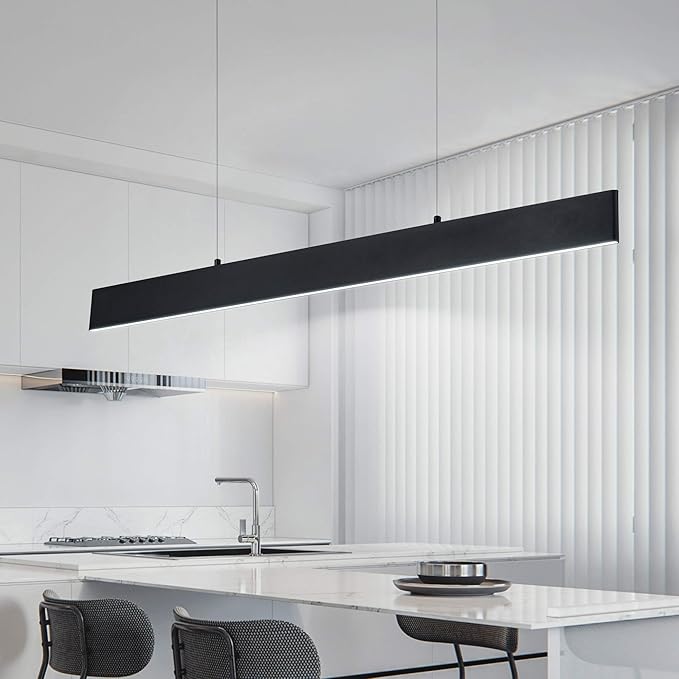 Modern Linear Led Pendant Light - 1 Ring Integrated Led Hanging Light Fixture for Office, Kitchen Island, Bar, Dining Room - 30W 6000K Not-dimmable - 41.34" L x 47" H (Black)