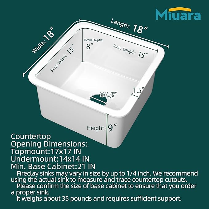 Miuara White Undermount Bar Sink 18 Inch - Small Topmount Kitchen Sink Drop In 18”x18”x9”, Dual Mount Single Bowl, Heavy Duty Solid Fireclay, w 2 Accessories, for Kitchen, Laundry, Powder, Outdoor