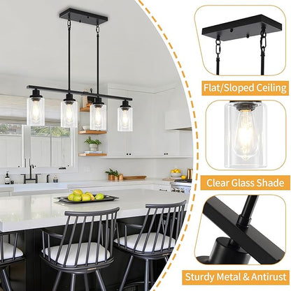 Modern Island Lights for Kitchen Black Dining Room Light Fixtures Over Table 4-Light Farmhouse Linear Chandelier Adjustable Hanging Kitchen Lights Ceiling Clear Glass Pendant Lighting Over Island