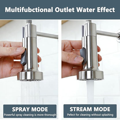 Friho Brushed Nickel Kitchen Faucets with Pull Down Sprayer, Stainless Steel Single Handle Kitchen Faucet, 1 Hole Or 3 Hole Dual Function Spring Pull Out Sink Faucets for Farmhouse RV Camper Laundry
