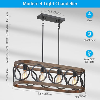 XINGQI 32.7" Kitchen Island Chandeliers Over Table Black Rectangular Linear Pendant Lighting Fixtures Farmhouse 4-Light Wood Grain Finish for Dining Room Living Room Bar Office Coffee Shop