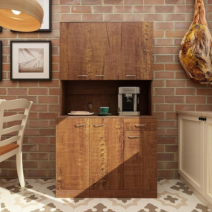 DMAITH 71" Kitchen Pantry Cabinets with Microwave Stand, 6 Doors & 3 Adjustable Shelves, Freestanding China Cabinet Hutch, Buffet Cabinet with Storage, Walnut