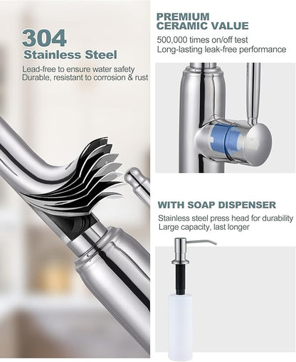 Chrome Kitchen Faucet with Soap Dispenser, WOWOW Stainless Steel Kitchen Faucet for Sink 2 or 4 Hole, High Arc Vintage Kitchen Sink Faucet with Pull Down Sprayer