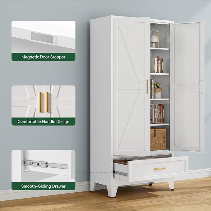 Bevivog Farmhouse Metal Storage Cabinet with 4 Shelves, 71" Tall Shelf Cabinets with 2 Barn Doors & Drawer, 31.5" Wide Storage Cabinet with Doors for Office/Pantry/Bathroom
