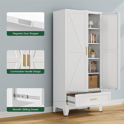 Bevivog Farmhouse Metal Storage Cabinet with 4 Shelves, 71" Tall Shelf Cabinets with 2 Barn Doors & Drawer, 31.5" Wide Storage Cabinet with Doors for Office/Pantry/Bathroom
