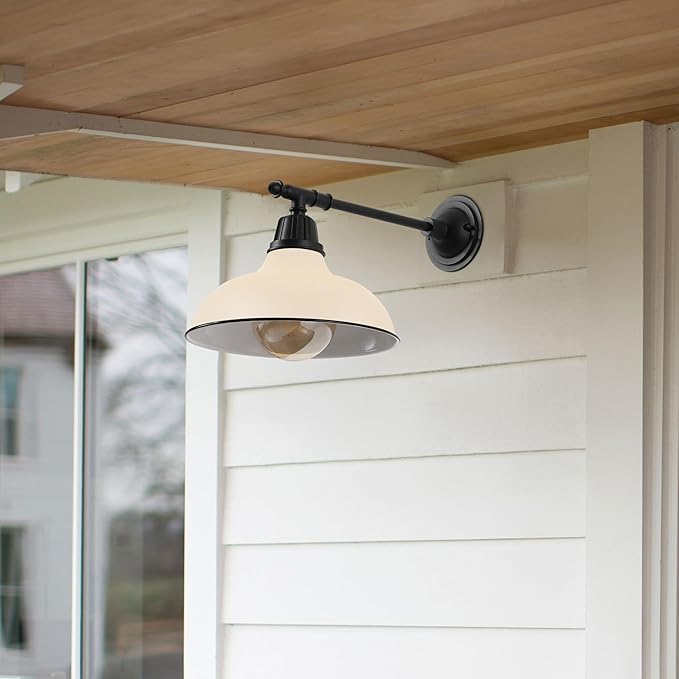 JONATHAN Y 12.25" Matte Almond/Black 1-Light Industrial Farmhouse Outdoor Sconce, Iron Wall Light with LED Bulb, Metal Bowl Shade, Vintage Porch Lamp for Entryway Patio Kitchen (JYL7615J)