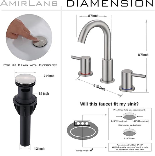 Brushed Nickel Bathroom Faucet 3 Hole, 2 Handle Bathroom Sink Faucet, 8 Inch Widespread Bathroom Faucets, Stainless Steel Vanity Faucet for Bathroom Sink with Pop Up Drain, AML-21754-BN
