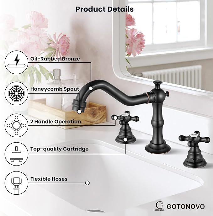 gotonovo Bathroom Faucet 3 Hole 8 Inch Widespread Bathroom Sink Faucet 2 Cross Handles Vintage Lavatory Vanity Mixer Tap with Pop Up Drain, Round Font Label, Oil-Rubbed Bronze