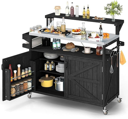 Zevemomo Outdoor Grill Cart with Raised Shelf, Stainless Steel Tabletop Outdoor Kitchen Island, Outdoor Buffet Cabinet with Lockable Wheels, Internal Storage Rack, Spice Rack for Grilling, Black