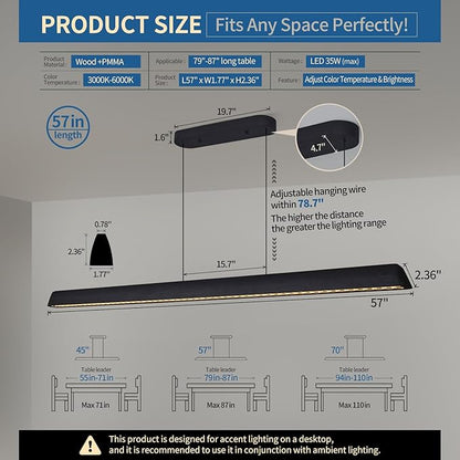Wood Linear Pendant Light, Dimmable Kitchen Island Lighting with Remote, 35W LED Island Lights for Kitchen, Adjustable Linear Chandelier for Dinning Room Light Fixture (Black, 57inch)