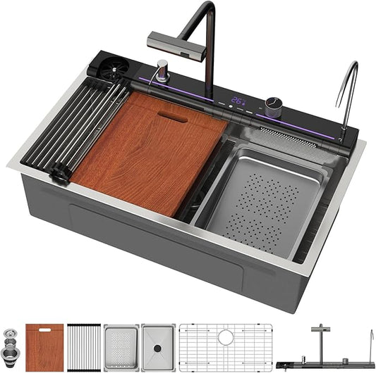 Mocoloo 33 Inch Honeycomb Waterfall Kitchen Sink Drop in, 33x19 Inch Stainless Steel Workstation Sink 16 Gauge Topmount Single Bowl LED Display Sink with Complete Kit