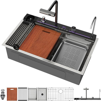 Mocoloo 30 Inch Honeycomb Waterfall Kitchen Sink Drop in, 30x19 Inch Stainless Steel Workstation Sink 16 Gauge Topmount Single Bowl LED Display Sink with Complete Kit