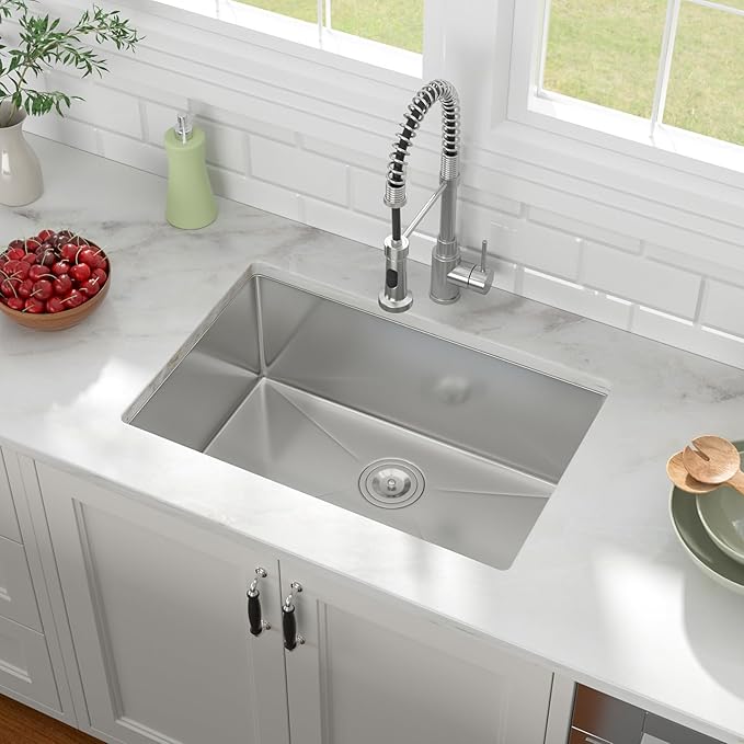 27x18 Inch Undermount Kitchen Sink 16 Gauge 304 Stainless Steel Handmade Single Bowl Deep Basin Modern Under Counter Design