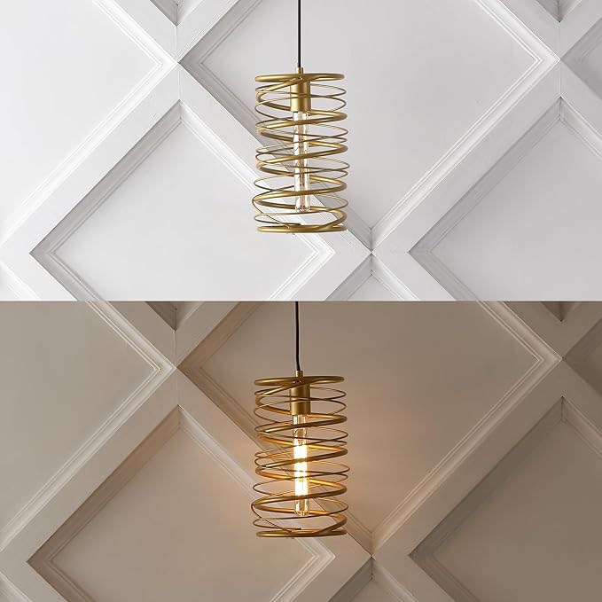 JONATHAN Y 7.25" Gold 1-Light Modern Iron Spiral LED Pendant Light for Kitchen Island, Glam Hanging Ceiling Fixture for Bedroom Dining Room, Metal Painting Shade, LED Bulb Included JYL7910A