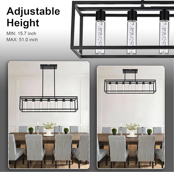 MELUCEE 7 Lights Modern Kitchen Island Lights 35W Dining Table Light Fixture with Crystal Bubble 5 Color Black Pendant Lights Kitchen Island, Integrated LED Chandelier for Dining Room Billiard Room