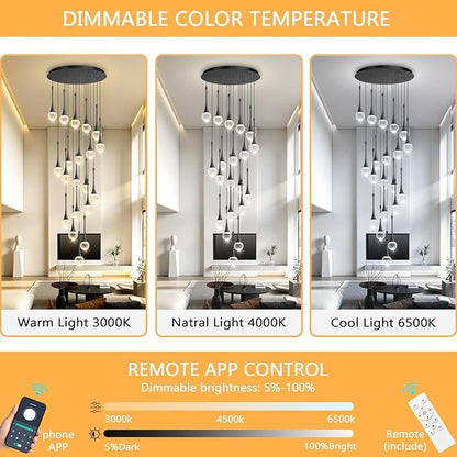 20 Light Crystal Chandelier for High Ceiling Dimmable LED Pendant Lights with Remote Adjustable Chandeliers for Staircase Foyer Living Room Black