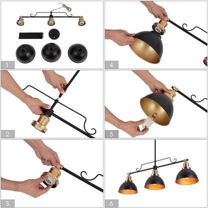 KSANA Chandeliers for Dining Room, 3-Light Linear Kitchen Island Pendant Lighting, 34.5 Inch Large Black and Gold Pool Table Lighting Fixture Hanging
