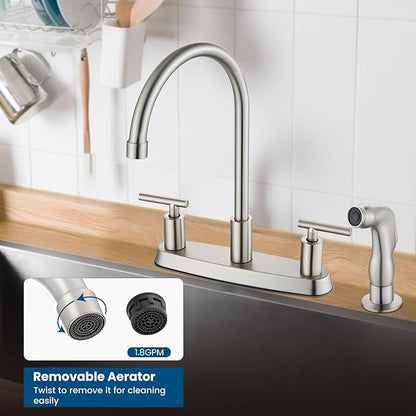 Kitchen Faucets, High Arc 360°Rotating Spout Kitchen Sink Faucet, 2 Handle 8 Inch Centerset RV Kitchen Faucet with Supply Lines, 3 or 4 Hole Kitchen Faucet with Side Sprayer, Brushed Nickel