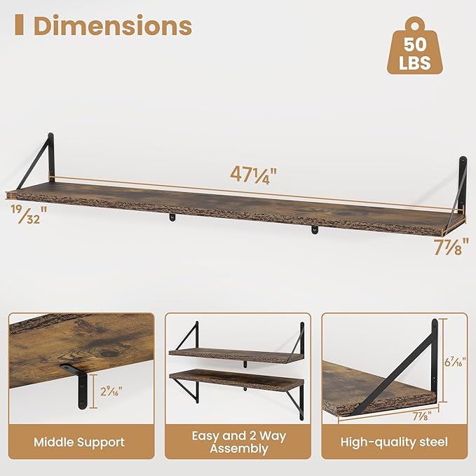 Heimlove Floating Book Shelves for Wall,47.2 Inches Long Wall Mounted Bookshelves,Heavy Duty Bracket Shelves for Living Room Kitchen,Laundry Room Storage & Decor,Set of 3,Rustic Brown