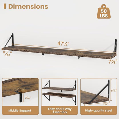 Heimlove Floating Book Shelves for Wall,47.2 Inches Long Wall Mounted Bookshelves,Heavy Duty Bracket Shelves for Living Room Kitchen,Laundry Room Storage & Decor,Set of 3,Rustic Brown