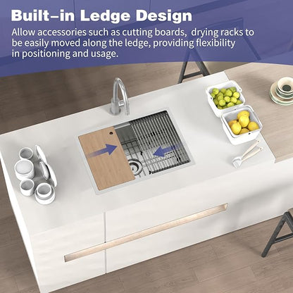 Kitchen Sink Workstation,27"x19" Stainless Steel Undermount Single Bowl Sink Built-in Ledge Drop In Workstation Sink Design For Placing/Sliding Accessories-Cutting Board And Drying Rack