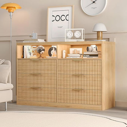 Coffee Bar Cabinet with Charging Station and Lighting, 47" Wide Wood Fluted Storage Cabinet with 6 Drawers and Open Shelves, Natural Oak