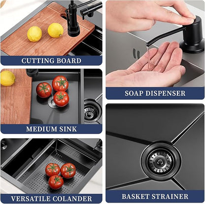 Black Kitchen Sink 30 Inch Gunmetal Black Drop In Kitchen Sink with Faucet Combo Modern Workstation Stainless Steel Sink Top Mount Single Bowl Farmhouse Kitchen Sinks
