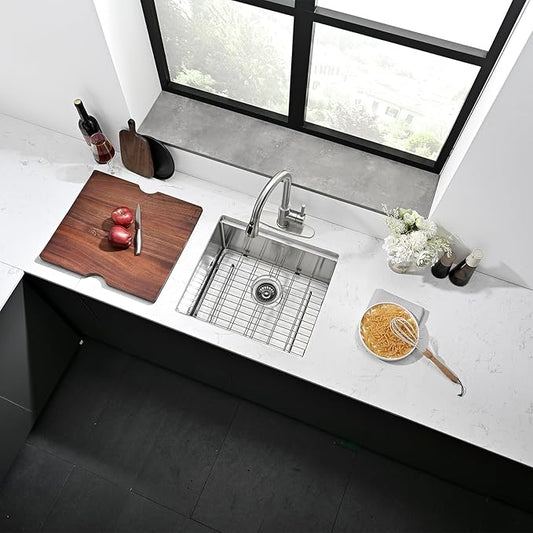 Undermount Kitchen Sink, 21 x 19 Inch Sink Kitchen 16 Gauge Stainless Steel Kitchen Sinks Single Bowl Workstation Sink with Cutting Board
