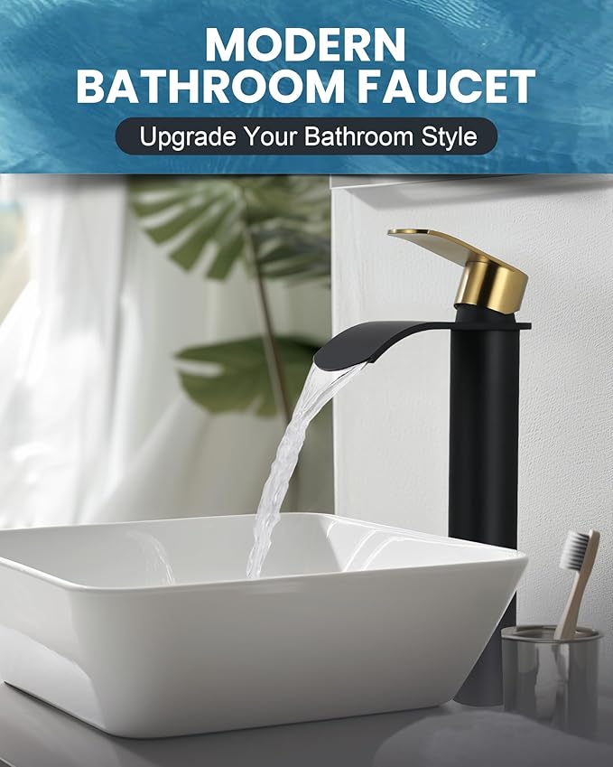 Vessel Sink Faucet Black and Gold：WOWOW Single Handle Tall Bathroom Faucet - Waterfall Single Hole Mixer Bar Tap with Large Rectangular Spout, Deck Mount Lavatory Vanity with Pop Up Drain