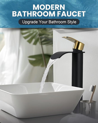 Vessel Sink Faucet Black and Gold：WOWOW Single Handle Tall Bathroom Faucet - Waterfall Single Hole Mixer Bar Tap with Large Rectangular Spout, Deck Mount Lavatory Vanity with Pop Up Drain