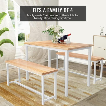 DKLGG Dining Table Set for 4, 47.2'' Kitchen Table with 2 Benches, 3 Piece Farmhouse Dining Room Table Set, Space-Saving Dinette for Kitchen, Dining Room, Apartment, Metal Frame & MDF Board