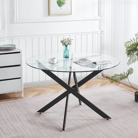 47.2'' Round Glass Dining Table for 4, Glass Round Dining Room Table with X-Shape Black Metal Legs, Clear Circular Top Kitchen Table for 4, Perfect for Apartment Small Space