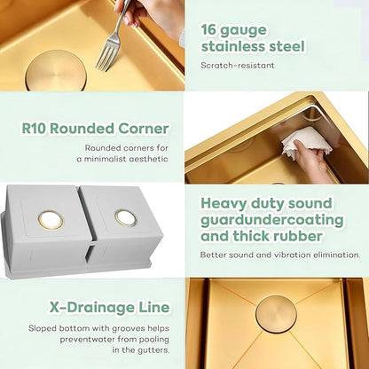 Gold Undermount Double Kitchen Sink, 16 Gauge SUS304 Stainless Steel Kitchen Sinks,50/50 Features All In One Workstation Sinks with Accessories, 30"x 18" x 10" Large and Deep Gold Double Sink